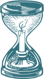A image in green of a candle on a short holder burning inside an hourglass. It is clearly meant to suggest the XR logo.